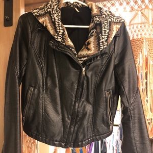 Unique faux black leather jacket with hood